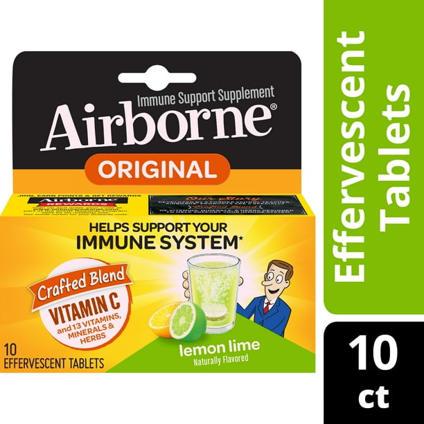 Airborne Vitamin C 1000mg Immune Support Supplement Effervescent Formula Lemon Lime 10 Count Packaging May Vary Walmart Com Walmart Com