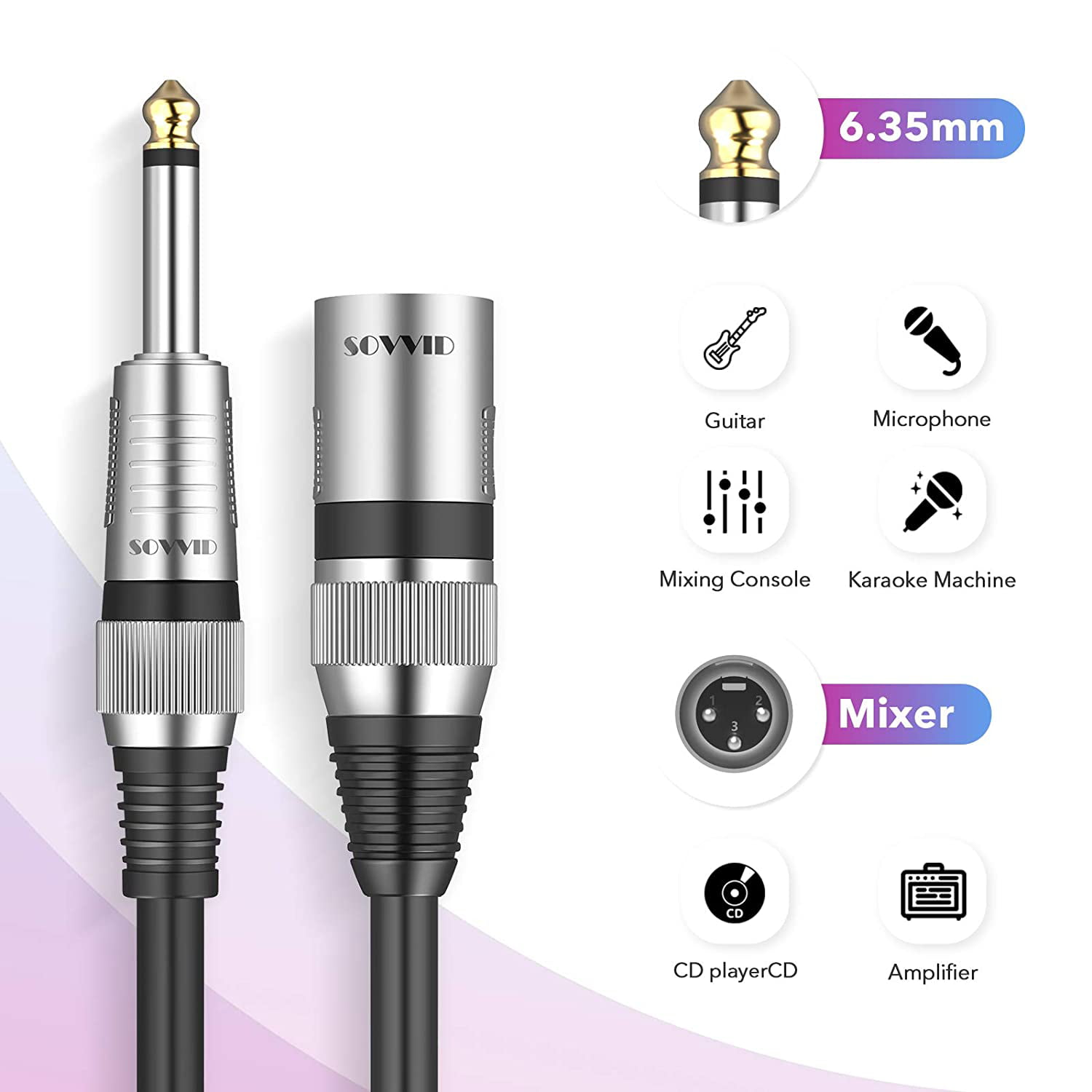 Sovvid Unbalanced 6.35mm Mono Plug to 3-pin XLR Male 1/4 Inch TS Mono to XLR Male Cable 3FT Quarter inch TS Male to XLR Male Mic Cable Interconnect Cable Cord 