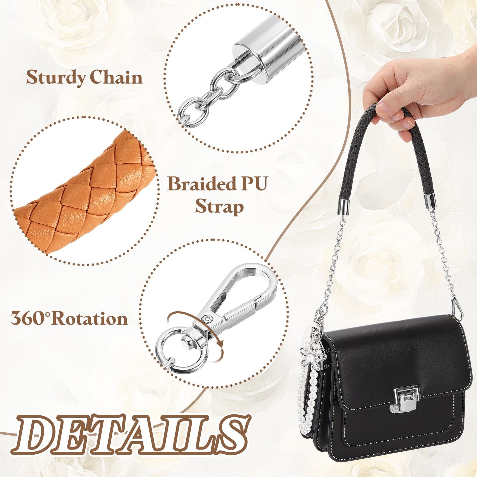 Uxcell 2 Pcs PU Leather Chain Purse Strap, 23.6 Inch Braided Purse Handles Replacement Strap with Pearl Pendant for Tote Bag Handbag Underarm Bag (Yellow, Silver Chain)
