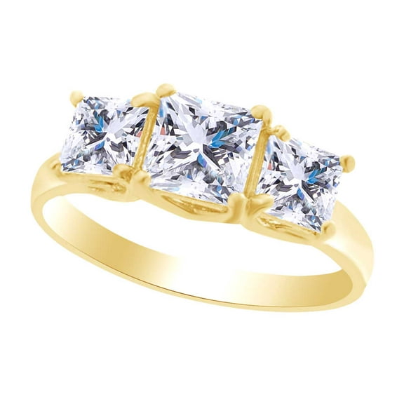 AFFY Princess Shape White Cubic Zirconia 3-Stone Engagement Ring 10k Solid Yellow Gold-4