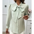 thumbnail image 3 of SWSMCLT Women's Puff Sleeve Blouse Button Up Shirt Fashion Fall Slim Fit Long Sleeve Casual Summer Soft Plaid Bowknot Neck Top Light Green Small, 3 of 5