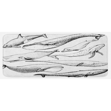 Whale Kitchen Mat, Hand Drawn Black and White Whales from Single Type Small and Big Image, Plush Decorative Kitchen Mat with Non Slip Backing, 47" X 19", Black and White, by Ambesonne