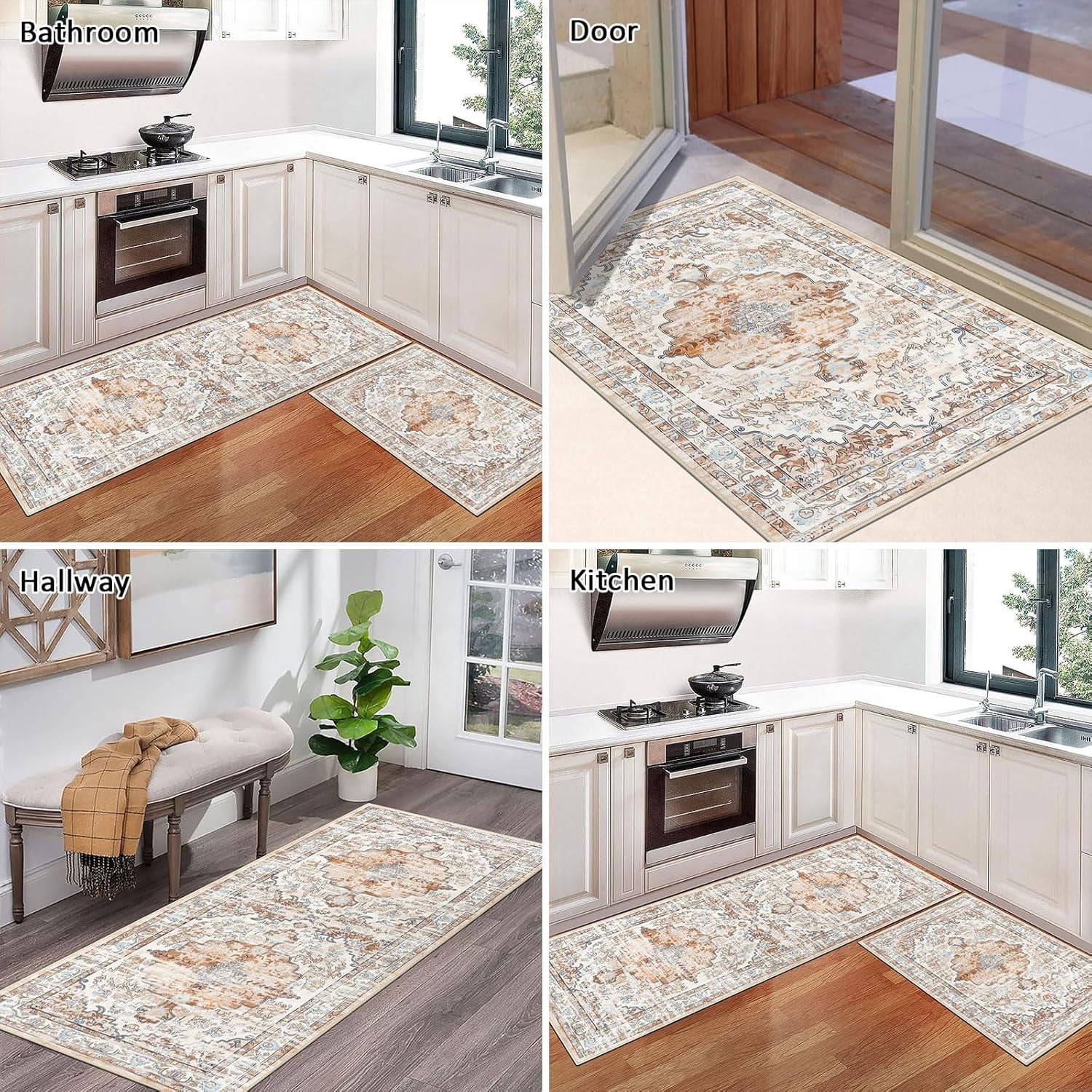 Kitchen Rugs Sets of 3 Boho Kitchen Floor Mat Carpets Non Skid Machine Washable Kitchen Runner Area Rugs for Kitchen Floor Hallway Living Room Laundry Entryway, Light Brown
