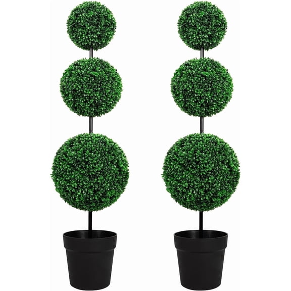 ROMSWI 4FT Artificial Triple Ball Boxwood Topiary Tree 2 Pack UV Resistant Faux Topiary Plant for All-Season Home Office Porch Entryway Decor