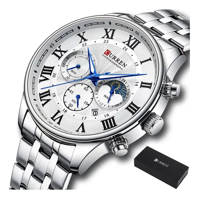 Reloj Curren Luxury Chronograph Con Calendario Para Hombre Fondo Plateado
