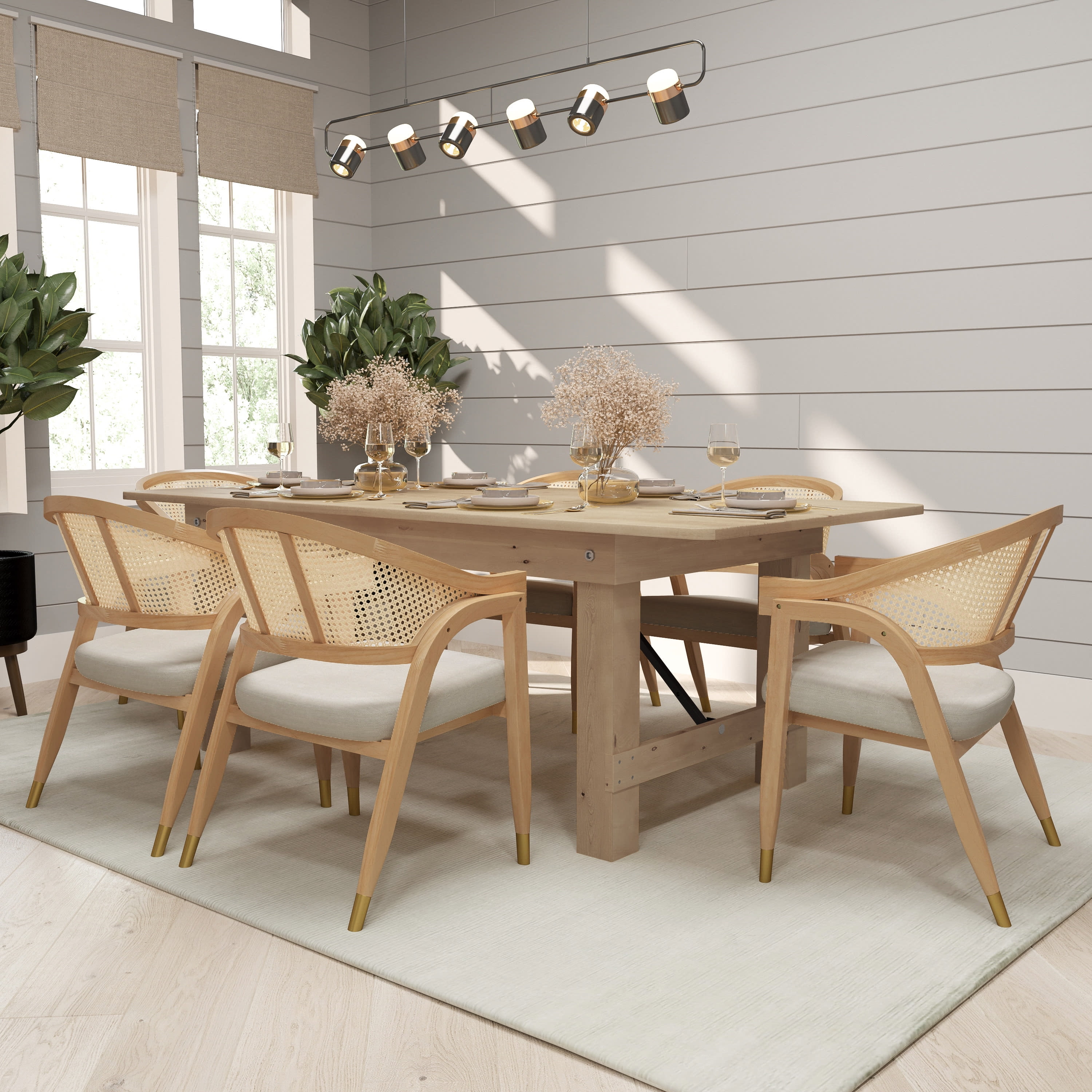 Merrick Lane Cane Rattan Padded Accent or Dining Chair with Gold Accented Legs in Natural