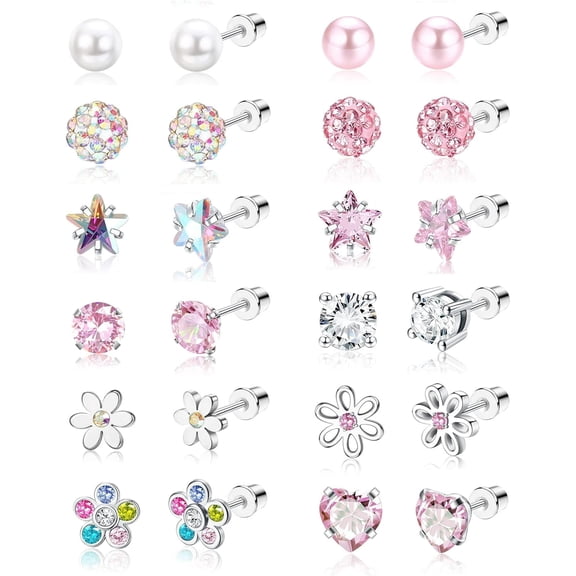 Txmasen 12 Pairs Surgical Steel Screw Back Earrings Sets Hypoallergenic Screw Back Stud Earrings Cute Heart Tiny CZ Flower Pink Stud Earrings for Women