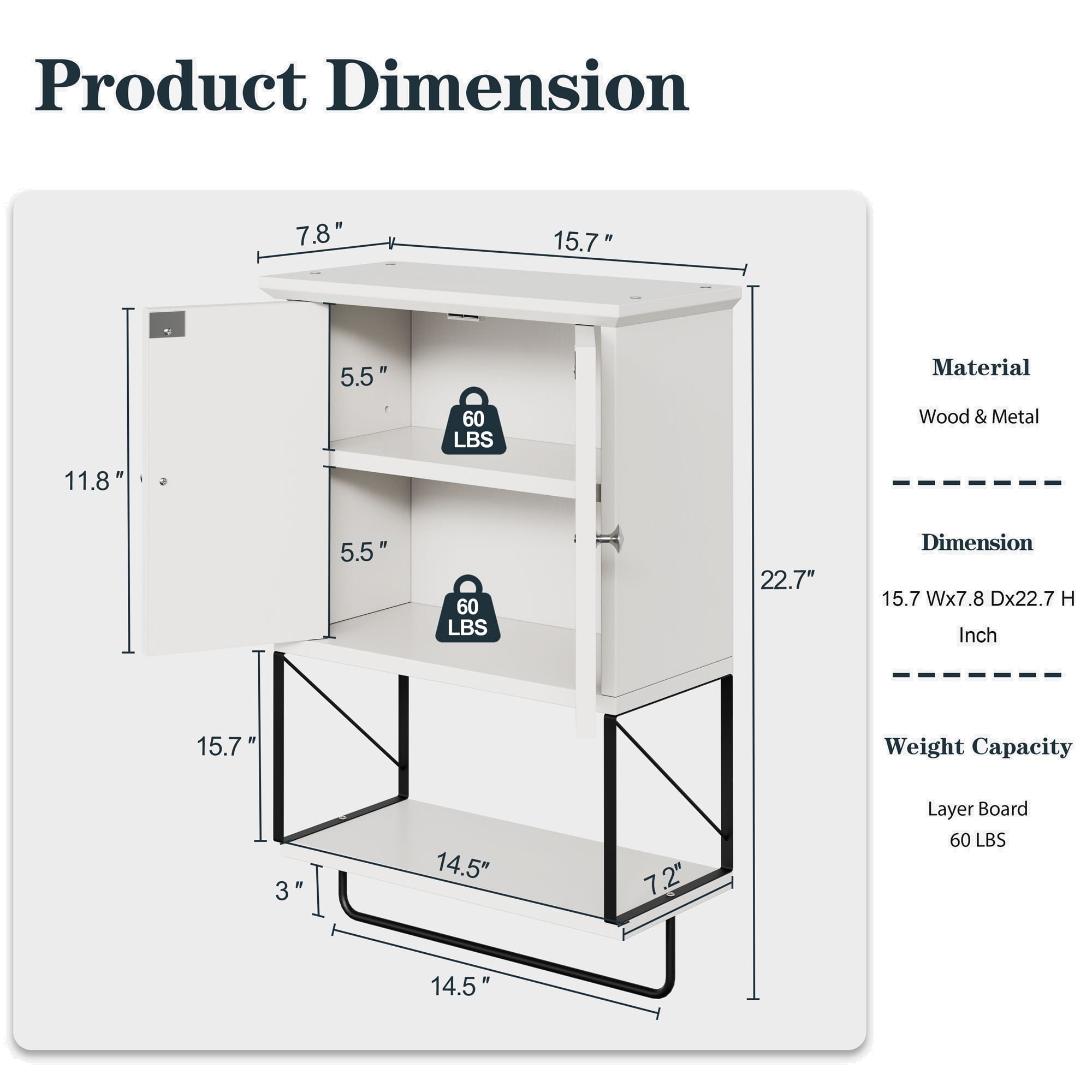 Walsunny Medicine Bathroom Cabinet，Wall-mounted Storage Cabinet, One Completely Open Compartment, with Steel Pipe Rack for Hanging Towels and Kitchen Utensils, Suitable for Kitchen