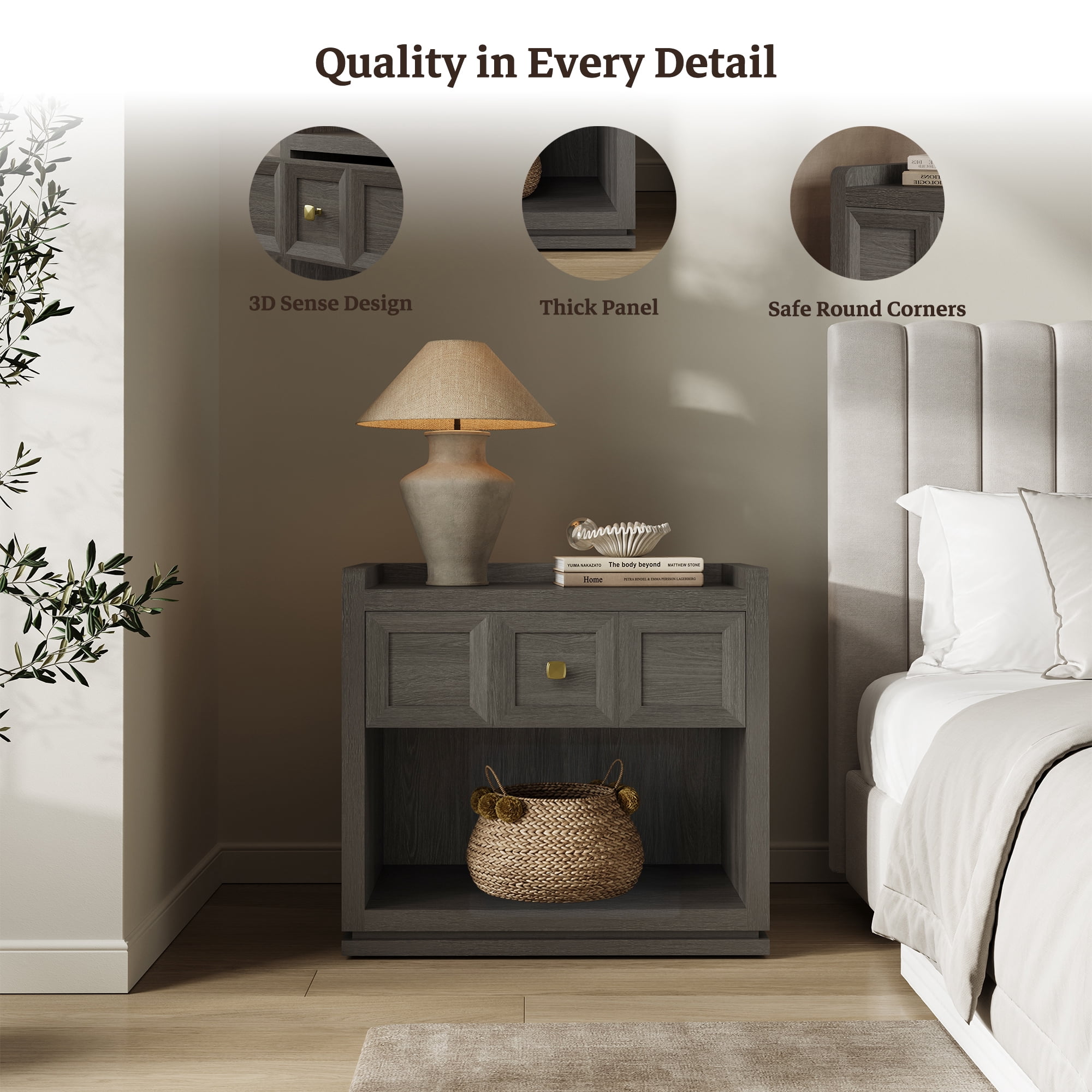 SICOTAS 26" W Farmhouse Nightstands Set of 2, Big nightstands with Drawer & Open Shelves, Large Bedside Table, End table for Bedroom, Living Room, Dark Grey