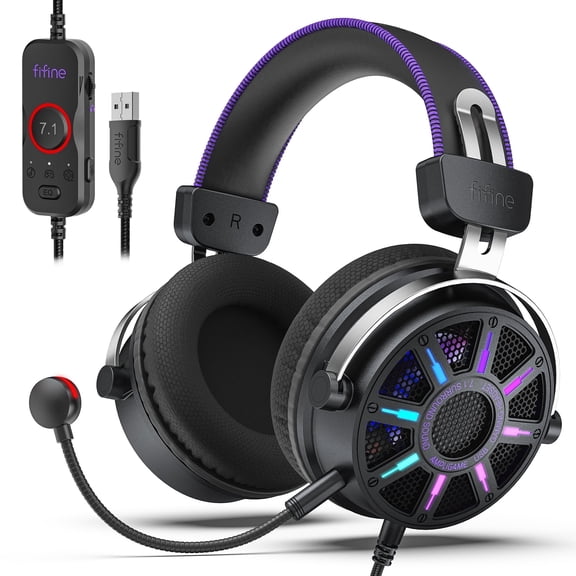 FIFINE Open-Back Gaming Headset for PC Computer, PS5/PS4, Wired Headphones with Noise-Cancelling Microphone, 7.1 Surround Sound, EQ Modes, RGB Lighting