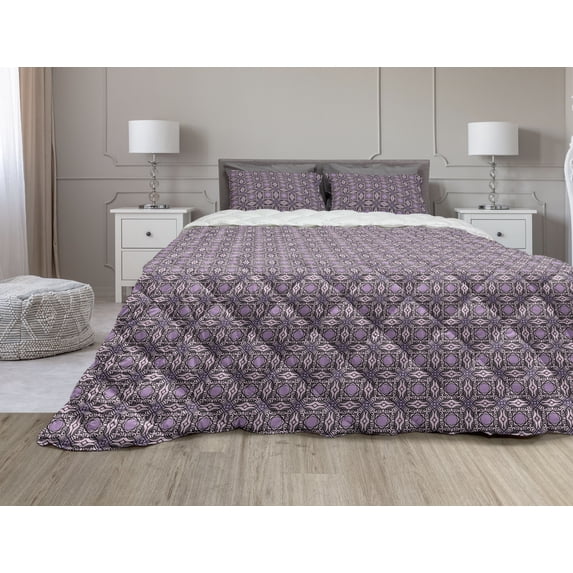 Art Deco Comforter & Sham Bedding Set, Minimal Grid Form of Continuous Curvy Edged Squares Pattern, 3 pcs Duvet Set Microfiber Filling Quilt, 5 Sizes, Pale Pink Lavender, by Ambesonne