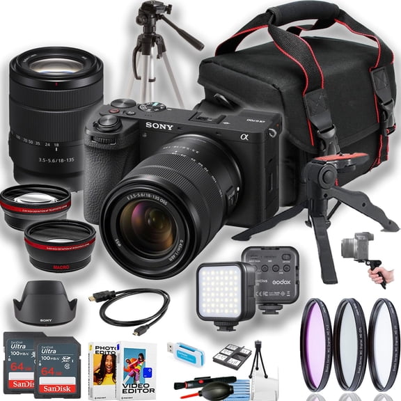 Sony a6700 Mirrorless Camera International Version (No Manufacturer Warranty) w/ 18-135mm Lens   Tripod   Case   LED Light (18-Pc Bundle)