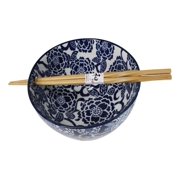 Blue Botanica Floral Blossoms 20Oz Donburi Ramen Soup Bowl With Chopsticks Set