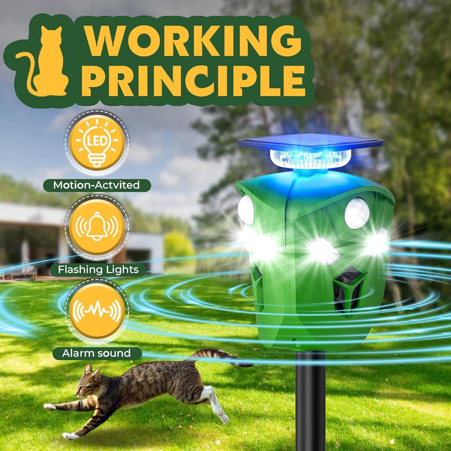 Ultrasonic Solar Powered Deer Repellent Device with PIR Motion Sensor and Strobe Lights 360° Cat Repellent Outdoor Equipped with Dual Charging Methods Outdoor Protection for Gardens, Yards, and Farms