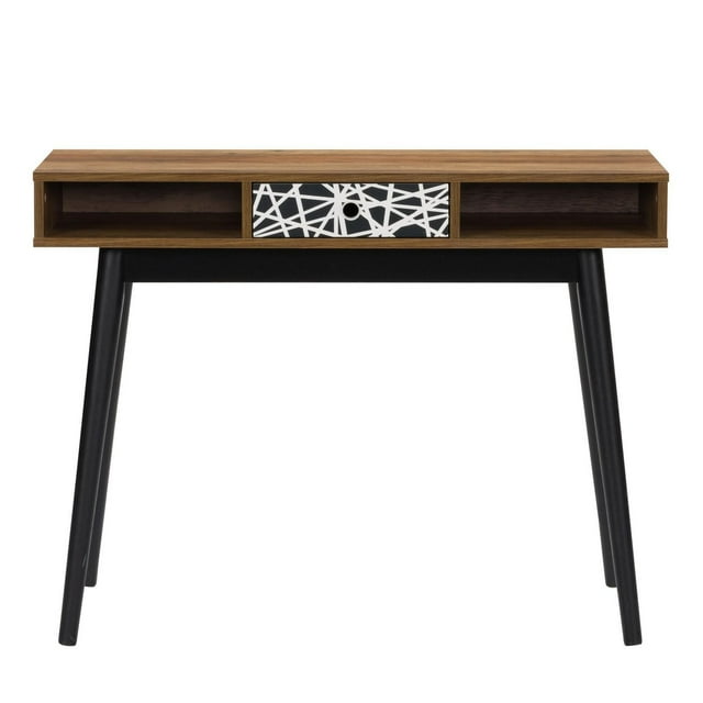 CorLiving Acerra Engineered Wood Entryway Table or Desk with Abstract-Pattern Drawer and Cubbies and Rubberwood Legs