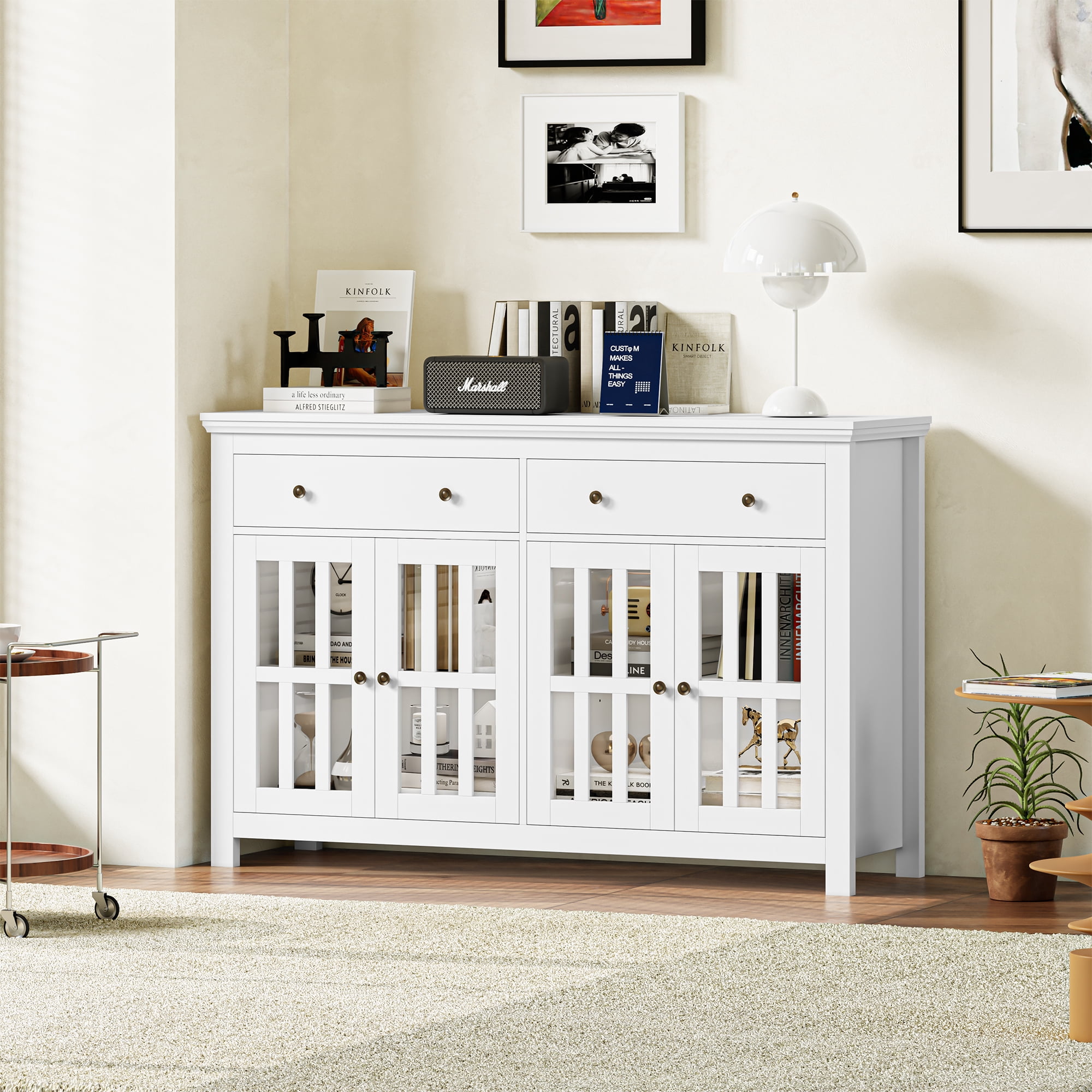 Homfa Kitchen Buffet Sideboard, Modern Wood Storage Cabinet with 4 Glass Doors & 3 Adjustable Shelves for Dining Room, White