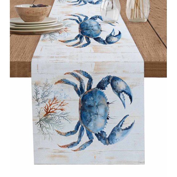 Blue Crab Coastal Table Runner 72 Inches, Summer Ocean Beach Nautical Coral Bed Runner Dresser Scarves Tabletop for Indoor Outdoor Parties/Ceremony/Banquet, 16" x 72"
