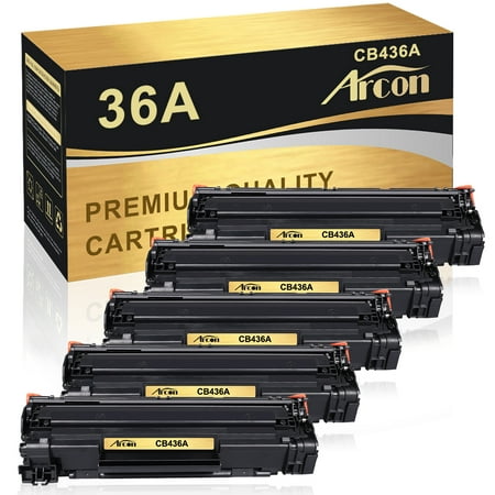 Arcon 5-Pack Compatible Toner for HP 36A CB436A Works with HP LaserJet P1005 P1006 P1505 P1505N Pro M1212NF M1217NFW M1120 MFP M1522N M1522NF Printer Ink (Black) Arcon Compatible Toner Cartridges & Printer Ink offer great printing quality and reliable performance for professional printing. It keeps low printing cost while maintaining high productivity. Product Specification: Brand: Arcon Compatible Toner Cartridge Replacement for: HP 36A CB436A Compatible Toner Cartridge Replacement for Printer: HP LaserJet P1005/P1006/P1505/P1505N/P1100/P1102/P1102W/P1102WHP  Pro M1132/M1210/M1130/M1212NF/M1217NFW/M1120/M1120 MFP/M1522/1522F/M1522N/M1522NF/M1550 Pack of Items: 5-Pack Ink Color: 5 * Black Page Yield (based upon a 5% coverage of A4 paper): 5*2 000 Pages Cartridge Approx.Weight : 5.84 Pounds Cartridge Dimensions (Per Pack): 11.42 x 3.35 x 3.35 Inches Package Including: 5-Pack Toner Cartridge