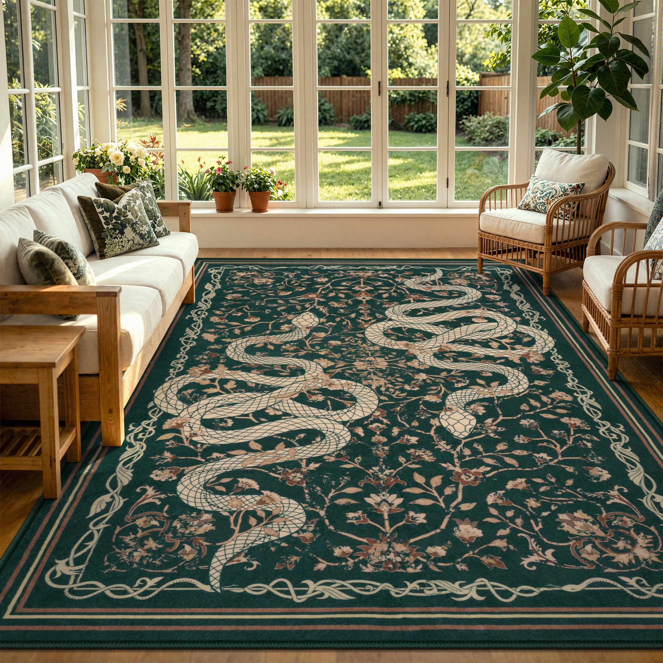 Moynesa Vintage Snake 8'x10' Large Area Rug for Living Room, Washable Green Floral Rug Cottage Botanical Accent Carpet for Bedroom Dining Room Sunroom Non Slip Stain Resistant Low Pile