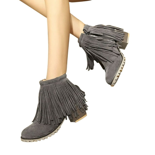 LSLJS Tassel Boots Women's Comfortable Low Heel and Bare Thickened Warm Short Boot