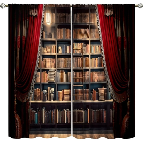Vintage Bookshelf Curtains, Library Learning Education Study Bookcase Window Treatments for Living Room Bedroom Classroom Decor, Antique Wooden Bookcase Drapes 2 Panel Sets,52x84 Inch