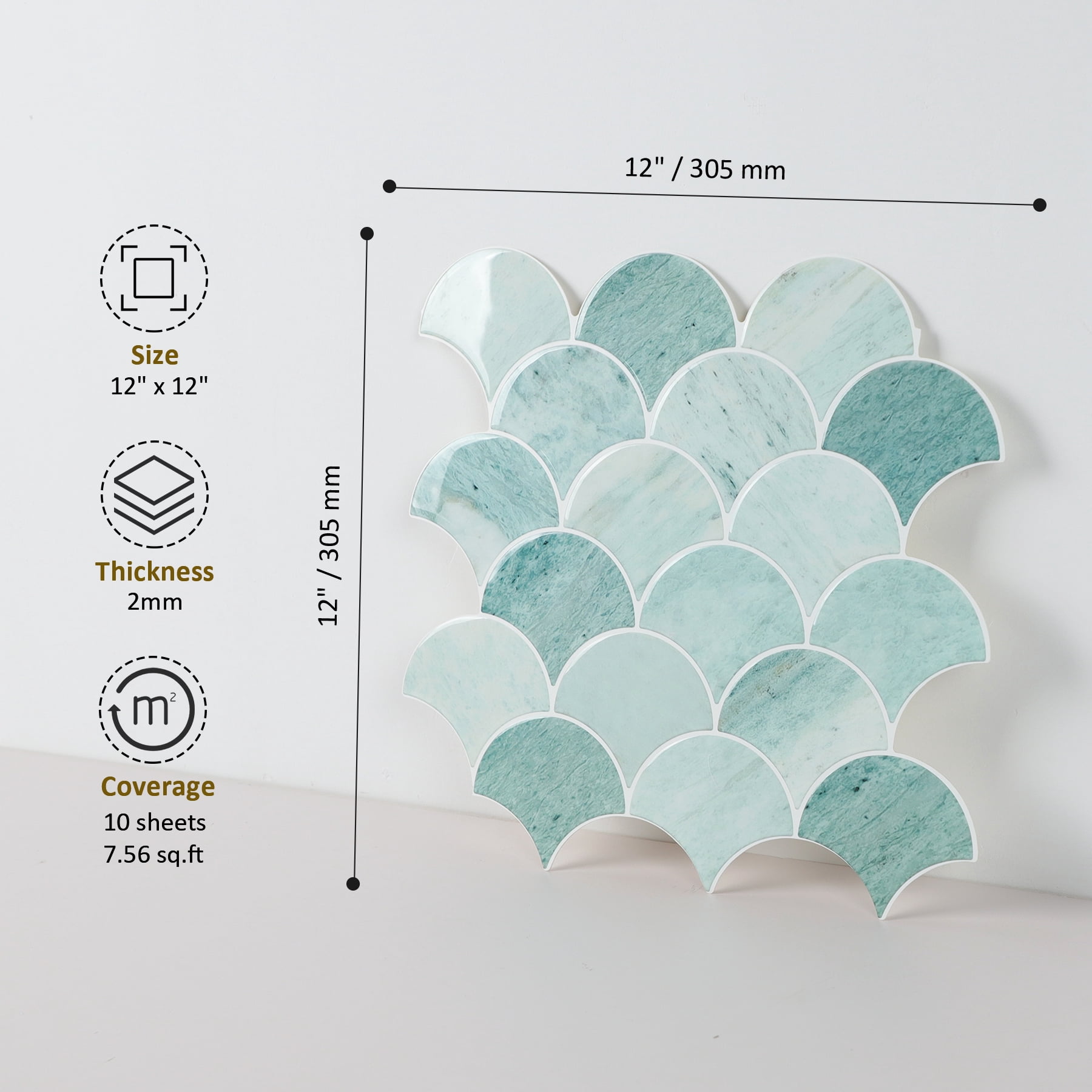 Peel and Stick Backsplash Fish Scale Tile, Removable Renter Friendly Backsplash 3D Adhesive Stick on Wall Tiles for Kitchen Bathroom (10 Sheets, Marble Green)