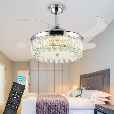 42 Inch Remote Control Retractable Invisible Blades Crystal Ceiling Fan with Light, LED 3 Colors 3 Speeds Indoor Ceiling Light Kit with Fan for Decorating Living Room Bedroom