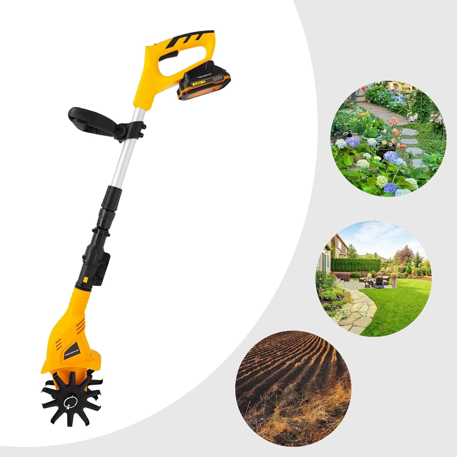 Battery Powered Tilling Machine - 20V Cordless Handheld Cultivator with 9.8" Depth & Adjustable Shaft for Garden, Farm, Orchard Soil Preparation