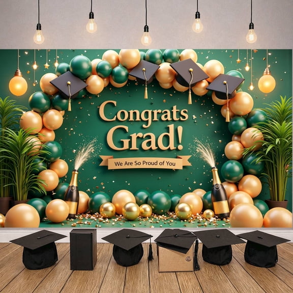 Green & Gold Congrats Grad Banner Graduation Cap Design Grad Party Backdrop Balloon Decor Glitter Accent for Graduation Party College Graduation Indoor Celebration