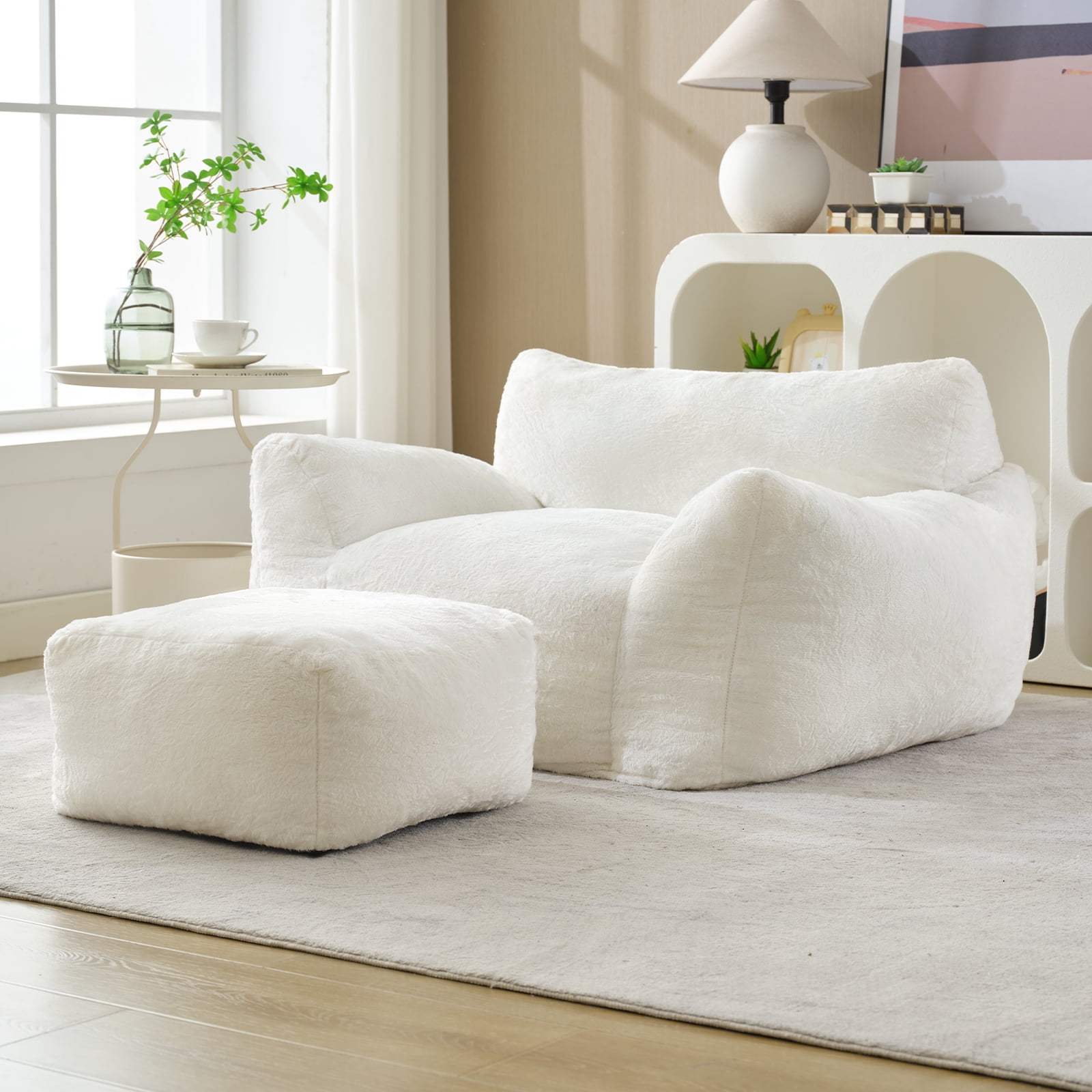 Puremind Bean Bag Chair for Kids and Adults, Oversized Bean Bag Couch with Ottoman, Faux Fur Lazy Sofa Chair for Living Room/Apartment/Bedroom, Beige