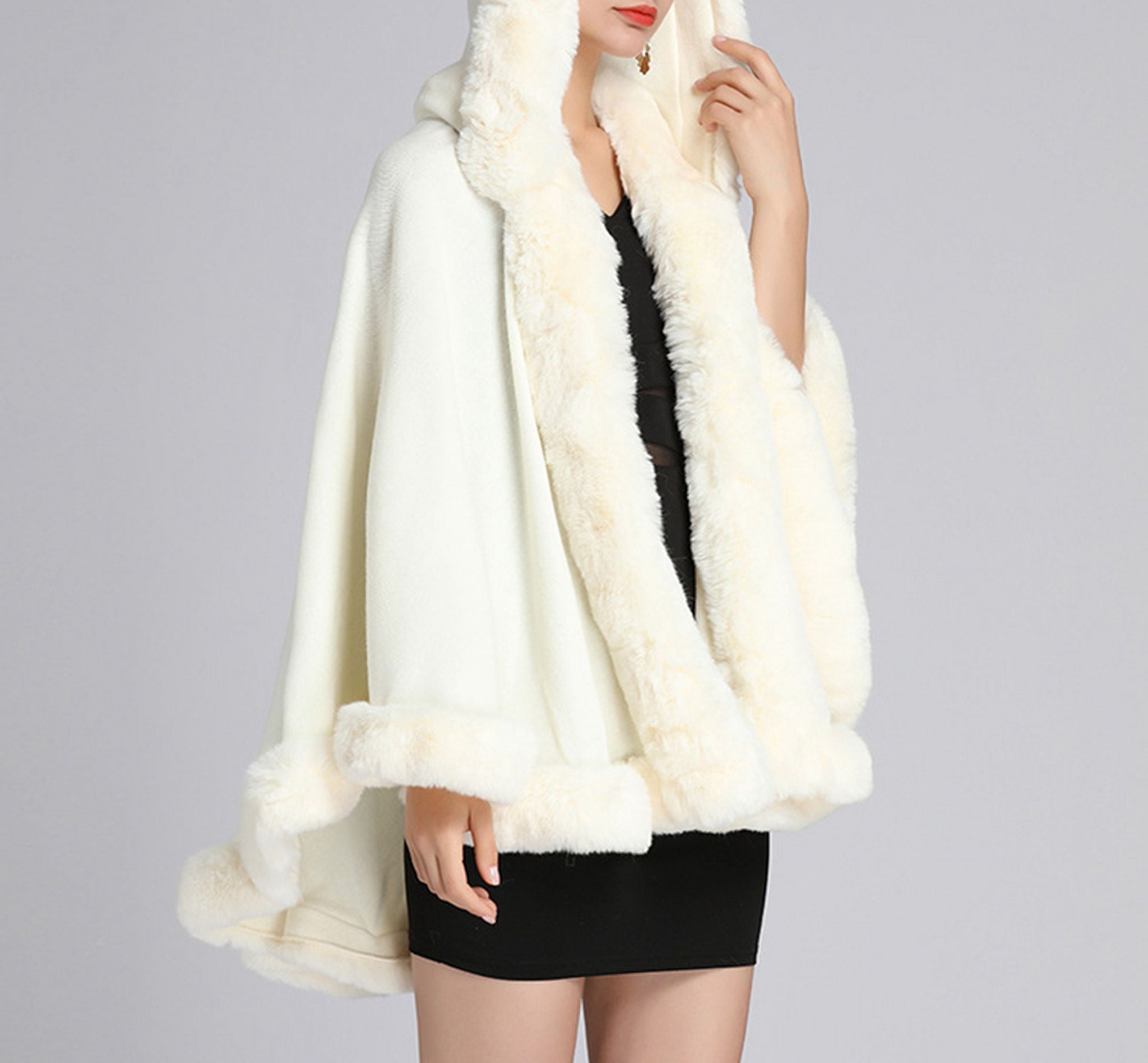 DJBM V-neck Hooded Faux Fur Cloak Fluffy Thermal Casual Bat