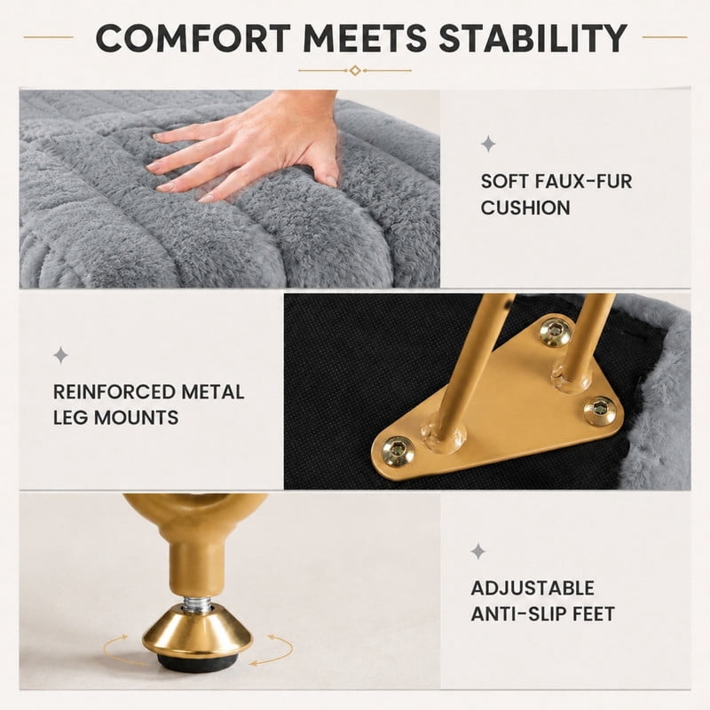 BEAUTYPEAK Vanity Stool with Storage Faux Fur Padded Makeup Ottoman with Gold Metal Legs and Adjustable Feet 18.9" Footstool, Gray