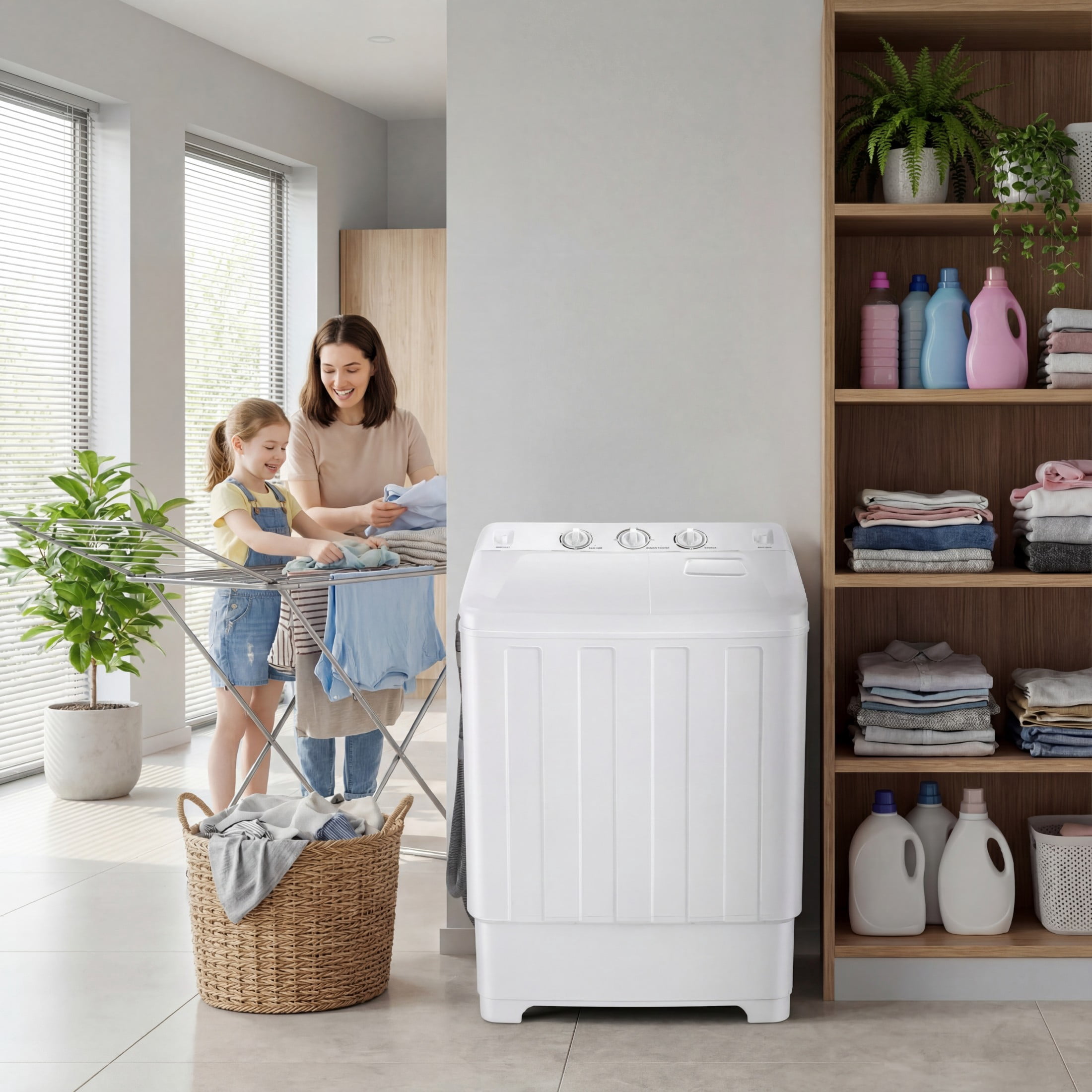 Veeboto Portable Washing Machine, 30LBS Twin Tub Mini Compact Laundry 19lbs Washer/11lbs Spinner with Drain Pump & Time Control Washer Spinner Combo, White