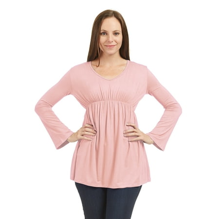 Empire Waist Faux Wrap Top - WT1477 Womens V Neck Long Sleeve Empire Waist Tunic Top S Pink