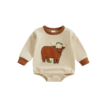 

Sunisery 0-18Months Baby Boy Girl Sweatshirt Romper Winter Fall Cattle Embroidery Crew Neck Long Sleeve Jumpsuit Farm Clothes