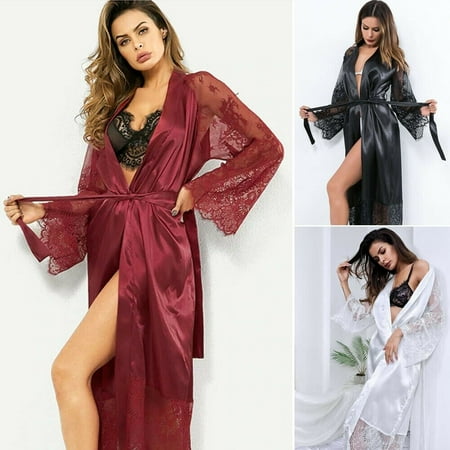 Women Silk Lace Robe Nightdress Sleepwear Kimono Long Sleeve Bandage Long Robes Nightwear