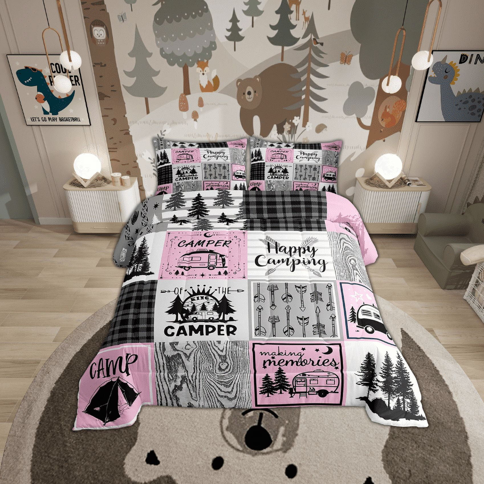 Erosebridal Pink Camper Bedding Set King Happy Camping Comforter Set Rv Decor For Inside,Camper Accessories For Travel Trailers Comforter,Black Grey Buffalo Plaid Pine Tree Arrow Quilt