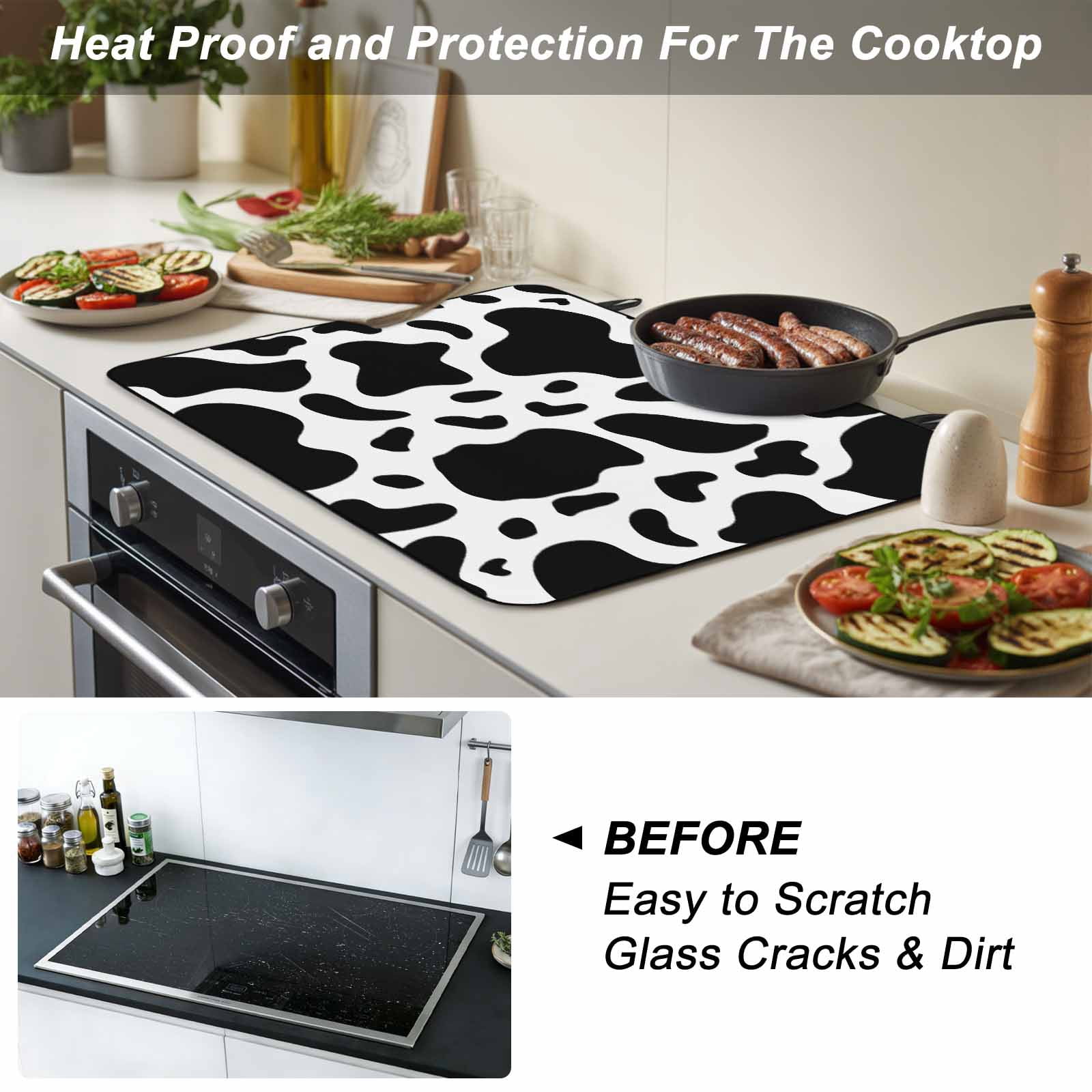 Black and White Stove Top Cover for Electric Stove, Heat-proof & Non Slip Glass Top Stove Cover Protector, Farmhouse Cow Black White Kitchen Flat Cooktop Rubber Mat 24x21 Inches