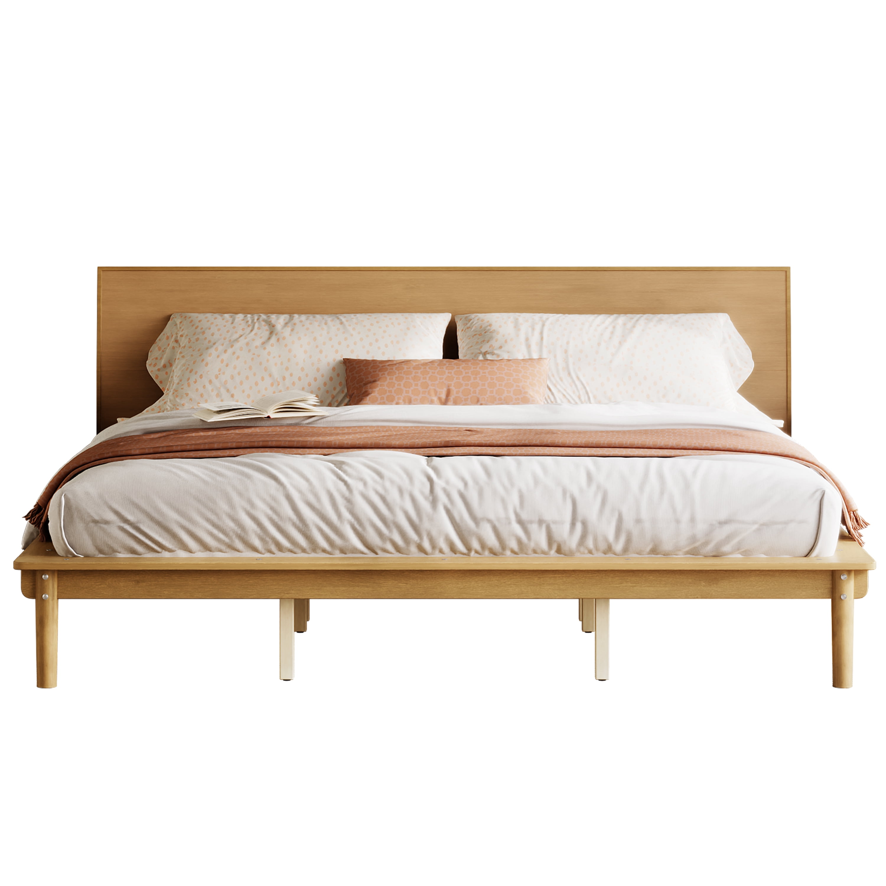 Euroco Wood Mid-Century King Bed, Low Profile Platform Bed Frame with Subtly Angled Headboard, Widened Side Rails, No Box Spring Needed, Walnut