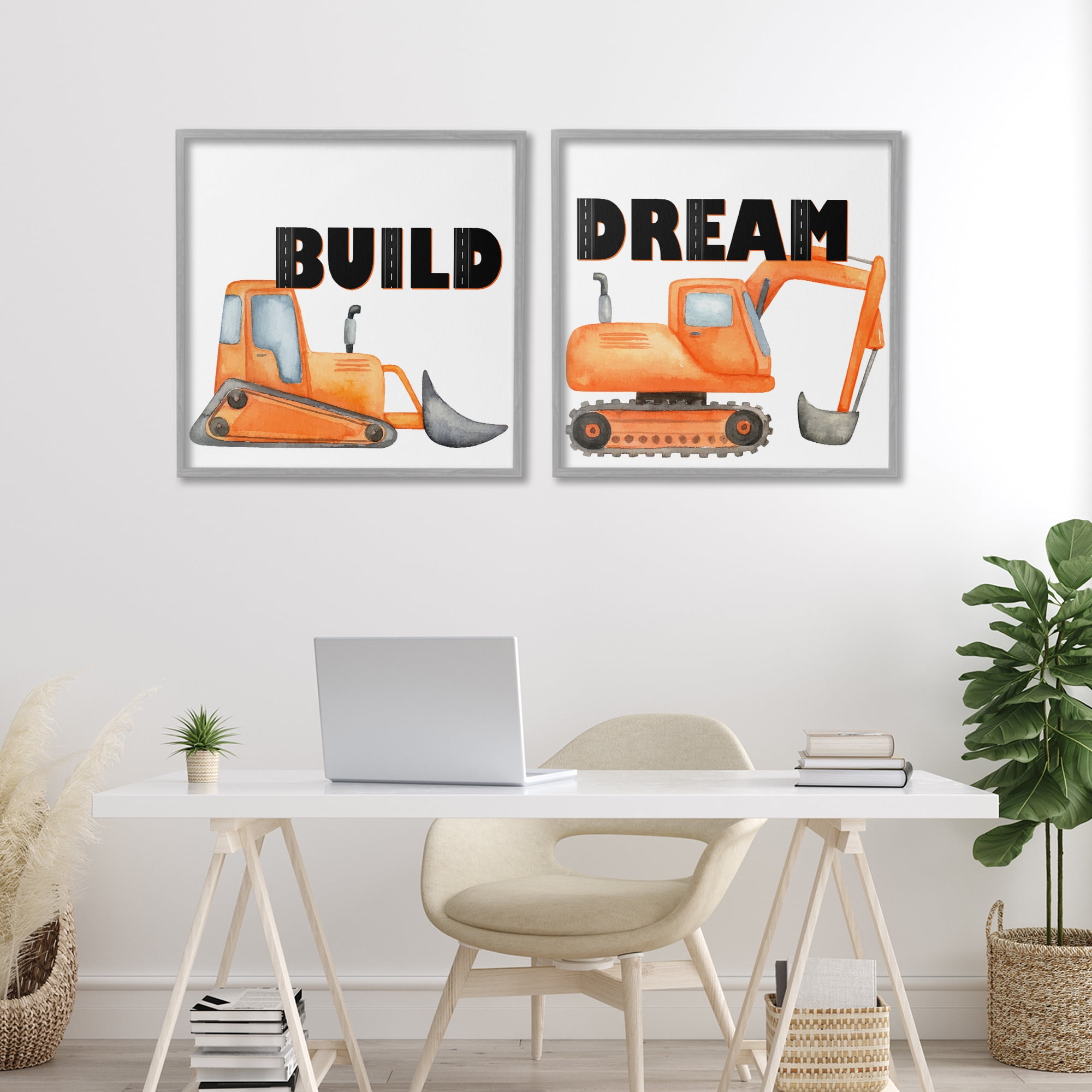 Build & Dream Construction Vehicles 2 Piece Gray Framed Giclee Art Set, design by Kim Allen
