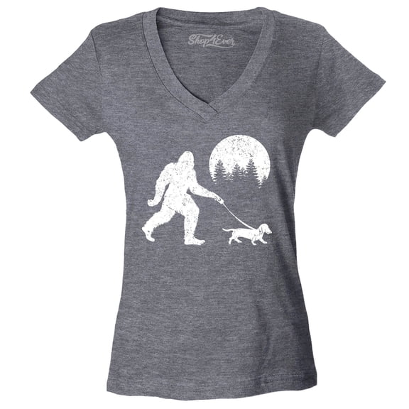 Shop4Ever Women's Bigfoot Walking Wiener Dog Funny Sasquatch Dachshund Slim Fit V-Neck T-Shirt Large Heather Charcoal