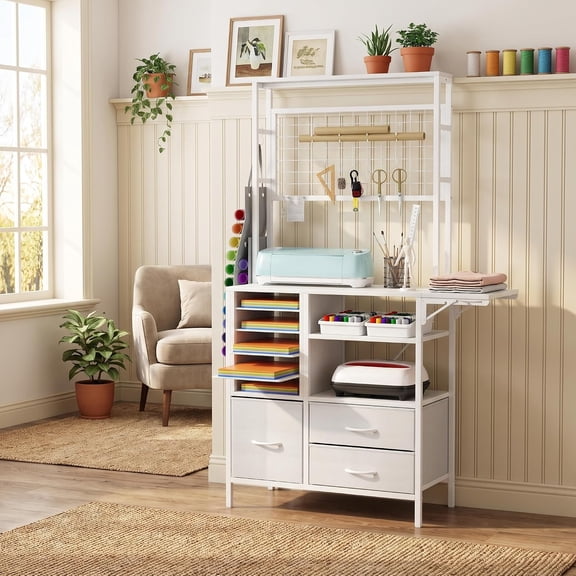 Craft Organizers and Storage Cabinet Compatible with Cricut Machines White Craft Table with Fold Out Large Crafting Desk with Drawers and Vinyl Holder