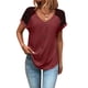 thumbnail image 1 of Camiseta informal de manga corta con empalme de encaje y botones en la parte superior con cuello en V para mujer para uso en verano, rojo vino XL, 1 of 5