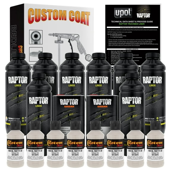 U-POL Raptor GM White Urethane Spray-On Truck Bed Liner Kit w/ FREE Custom Coat Spray Gun with Regulator, 8 Liters