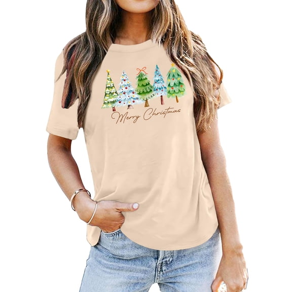 Bibifish Womens Tshirts Simple Christmas Tree Print T Shirts Soft Smooth Crewneck Short-Sleeve Tshirts Summer Daily Holiday Party Trendy Tees