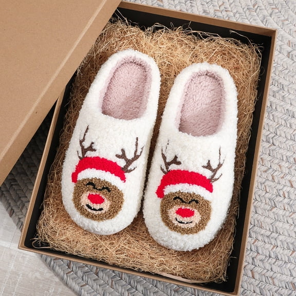 ZELAND Cozy Christmas Reindeer Slip-On House Slippers for Men and Women, Couple's Winter Indoor Non-Slip Shoes
