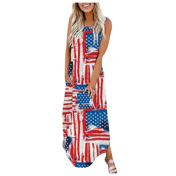Inkach Women Casual Fashion Independence Day Sleeveless Printed Summer O-Neck Dress