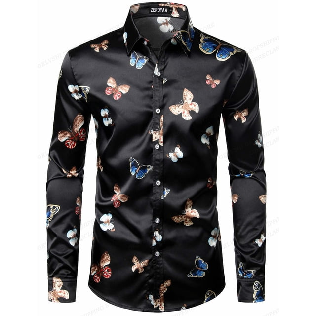 Camisas hawaianas con cadena dorada, camisas con estampado de mariposas en 3D, camisas de moda para hombres, blusas playeras de manga larga, camisas de solapa de lujo, ropa para hombres