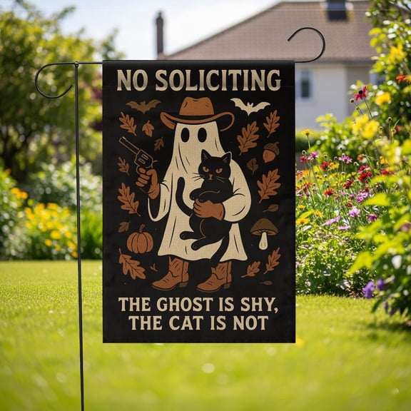 TiniDecor Shy Ghost & Cat Garden Flag – 12”x18” Halloween Yard Sign, Funny No Soliciting Decor