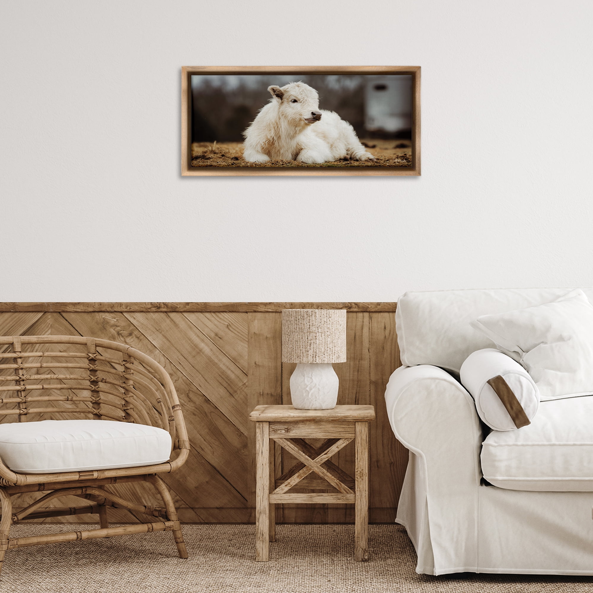Stupell Industries Baby White Cattle Animals & Insects Photography Brown Floater Framed Canvas Art Print Wall Art, 25 x 11